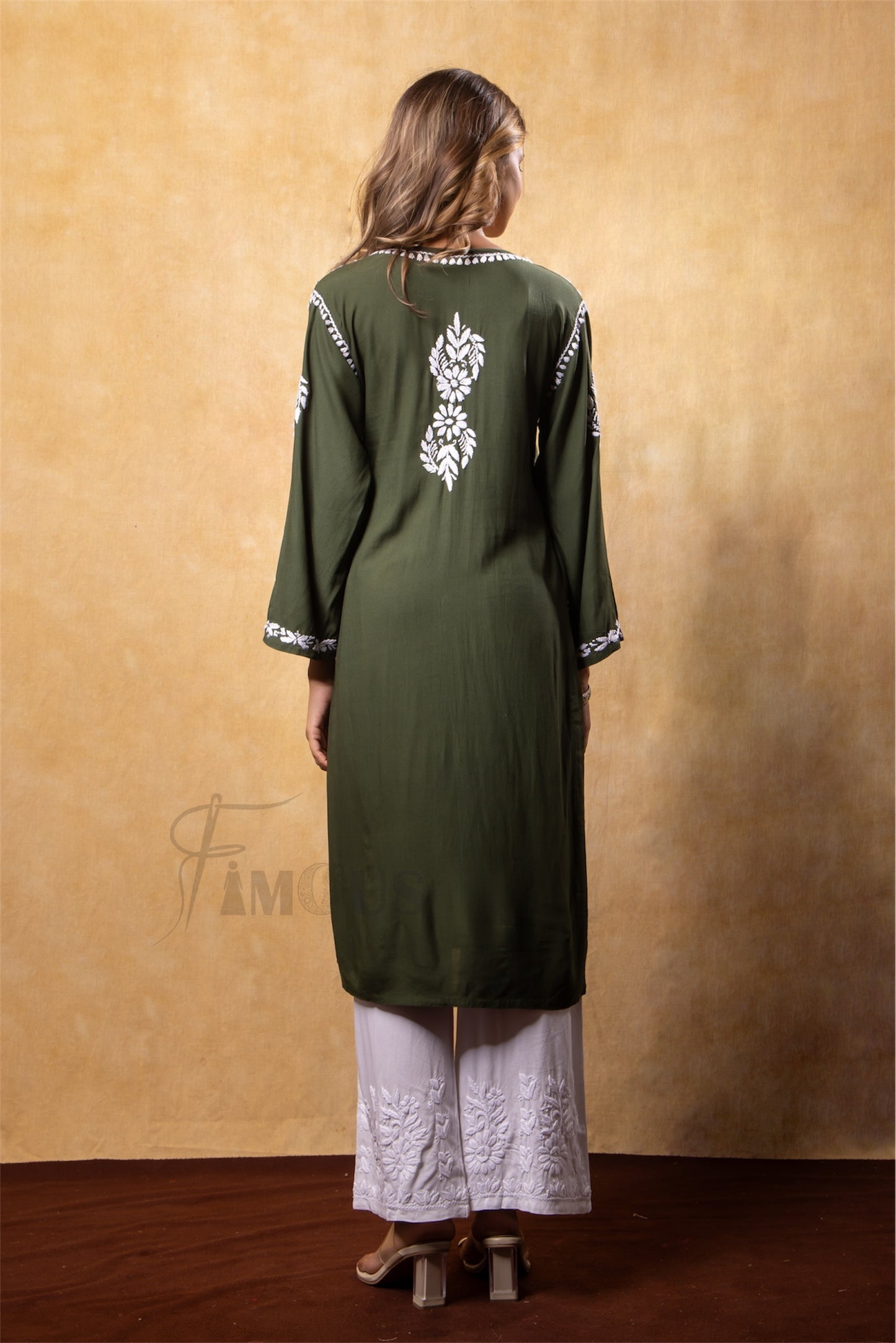 The Aleena: Effortless Rayon Long Kurti with White Chikankari Embroidery|Bottle Green