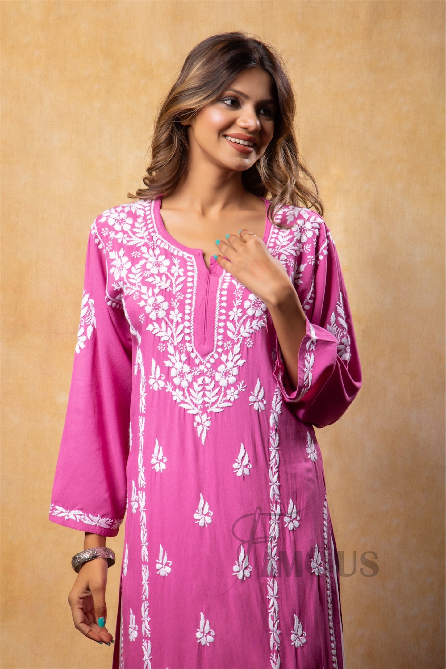 The Aleena: Effortless Rayon Long Kurti with White Chikankari Embroidery|Dark Pink