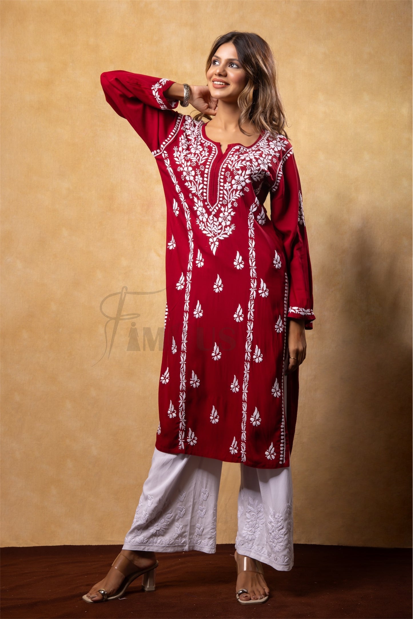 The Aleena: Effortless Rayon Long Kurti with White Chikankari Embroidery|Maroon