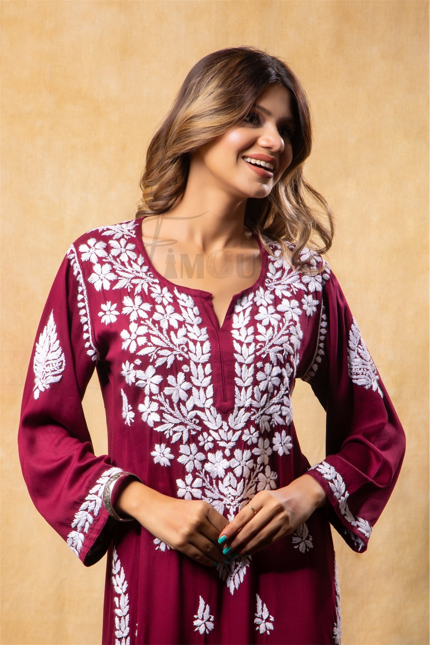 The Amira: Handcrafted Rayon Satin Long Kurti with Chikankari|Maroon