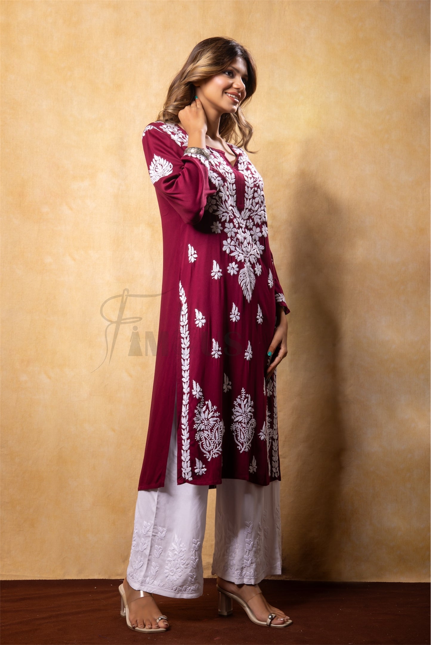 The Amira: Handcrafted Rayon Satin Long Kurti with Chikankari|Maroon