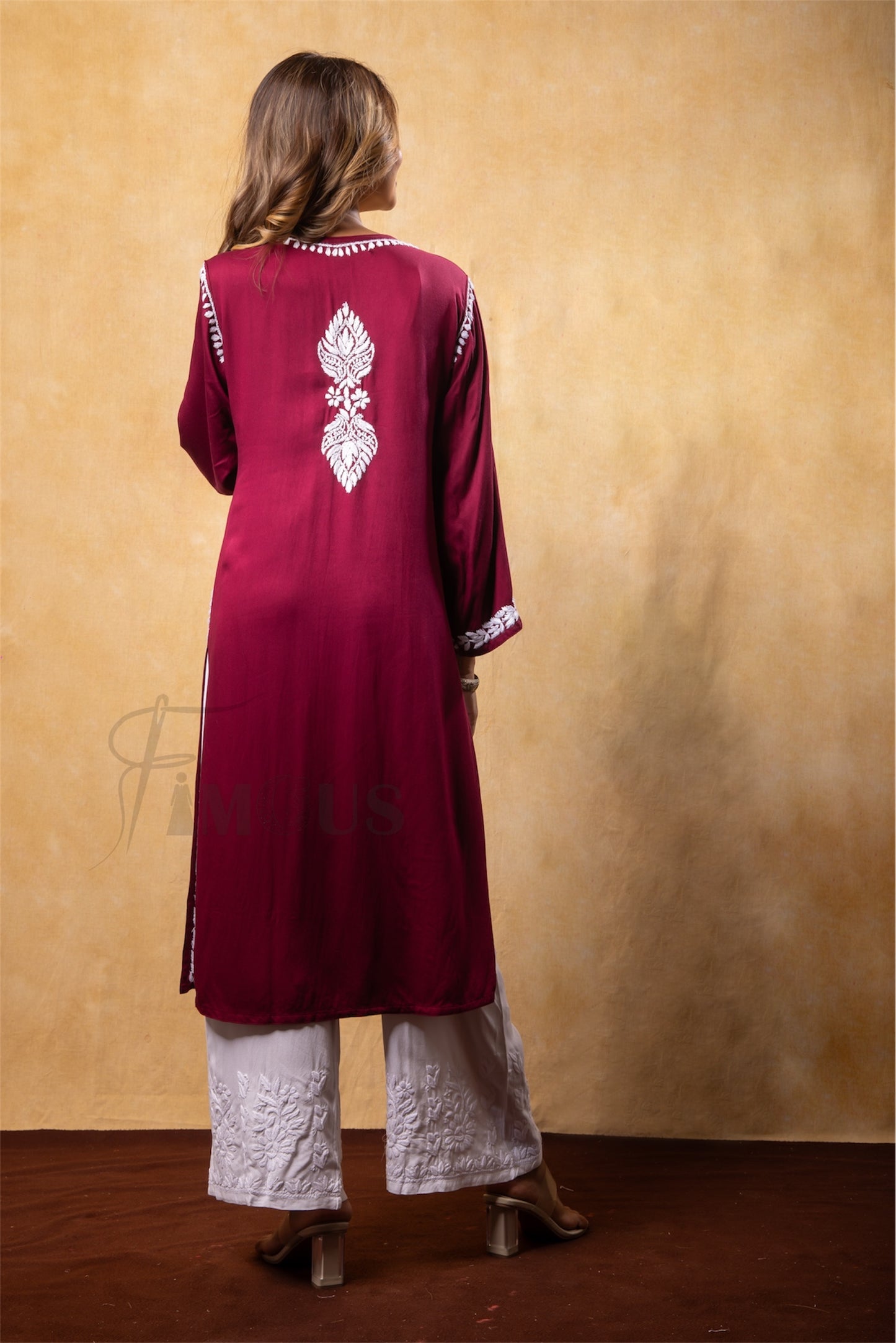 The Amira: Handcrafted Rayon Satin Long Kurti with Chikankari|Maroon