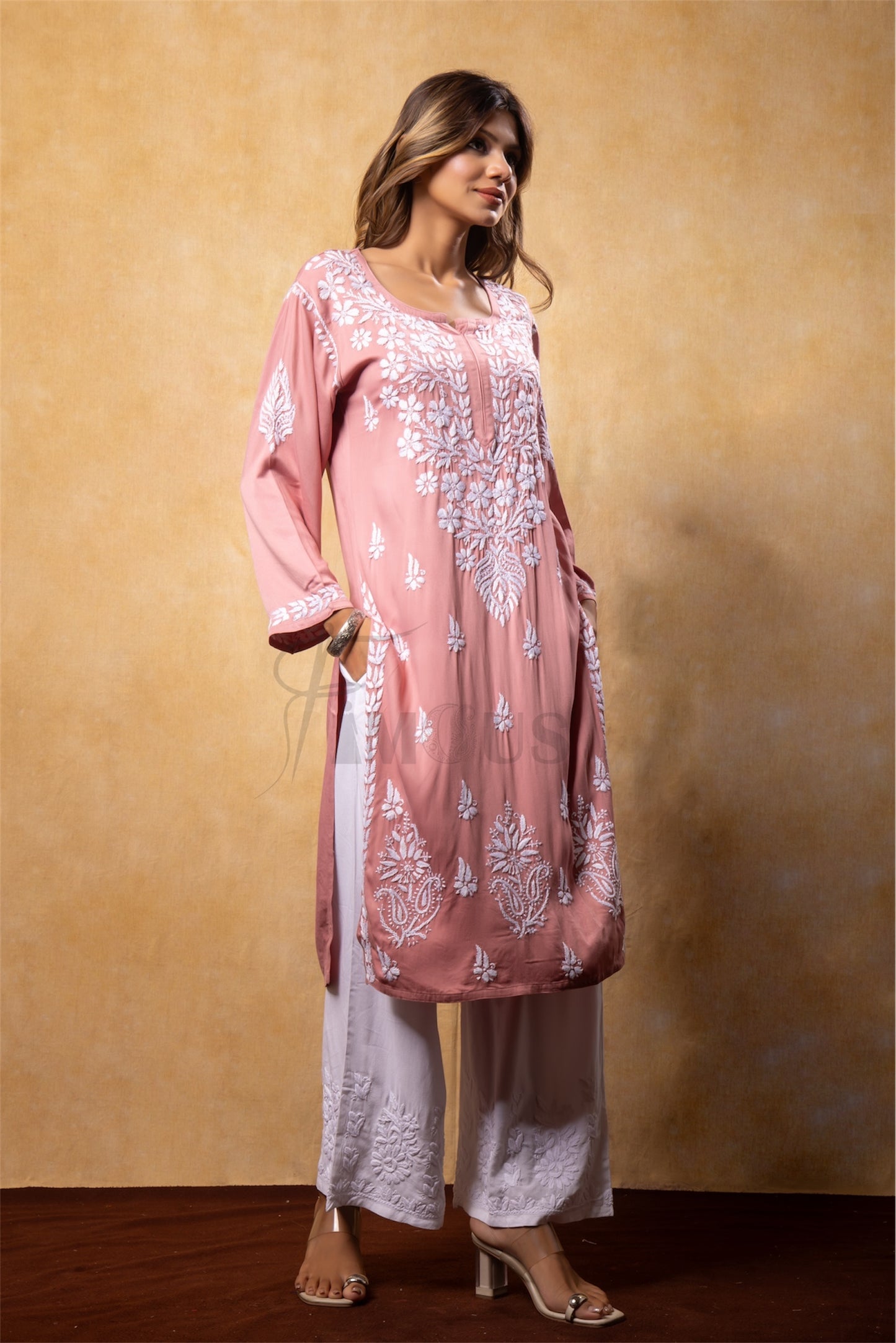 The Amira: Handcrafted Rayon Satin Long Kurti with Chikankari|Rustic Peach