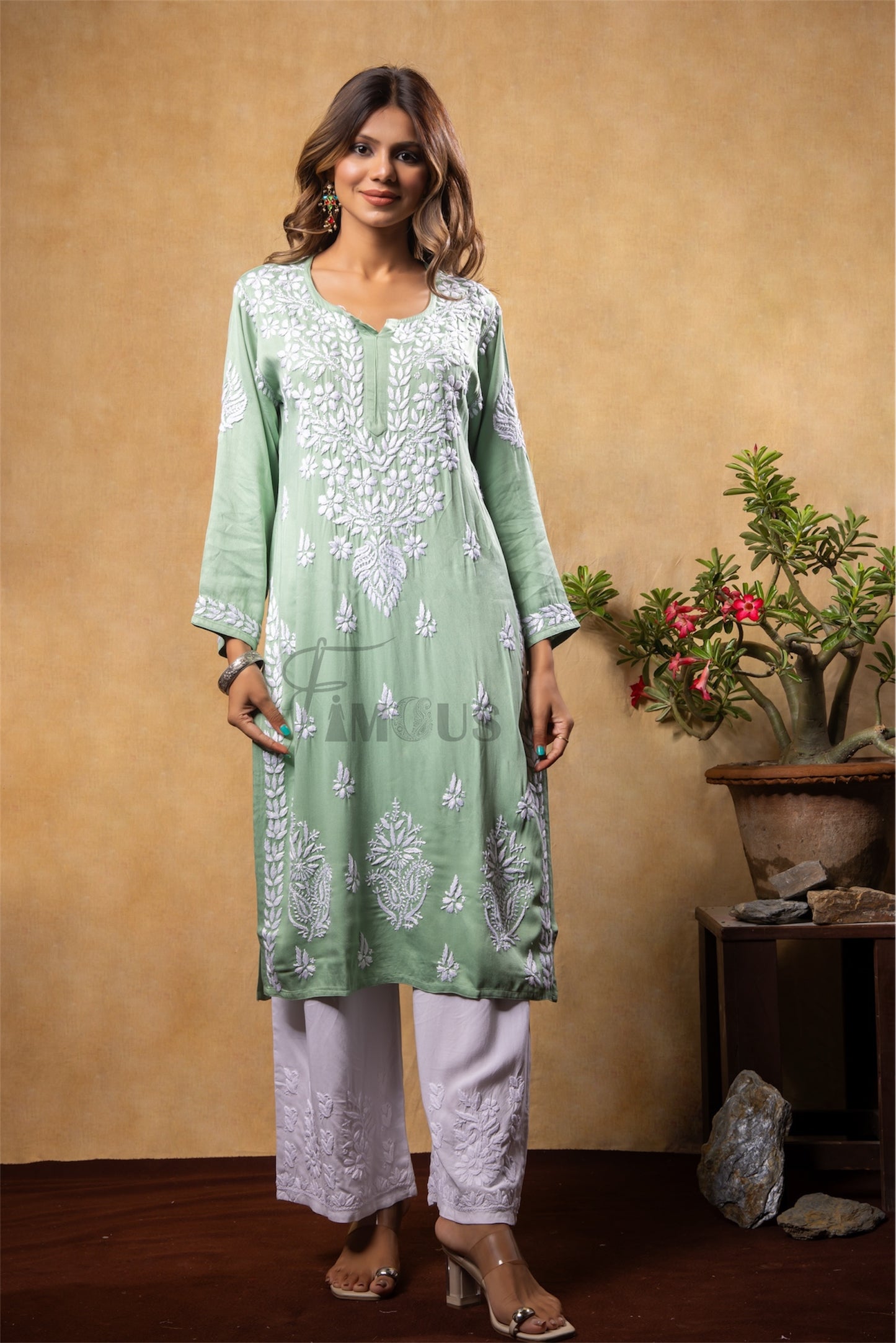 The Amira: Handcrafted Rayon Satin Long Kurti with Chikankari|Light Green