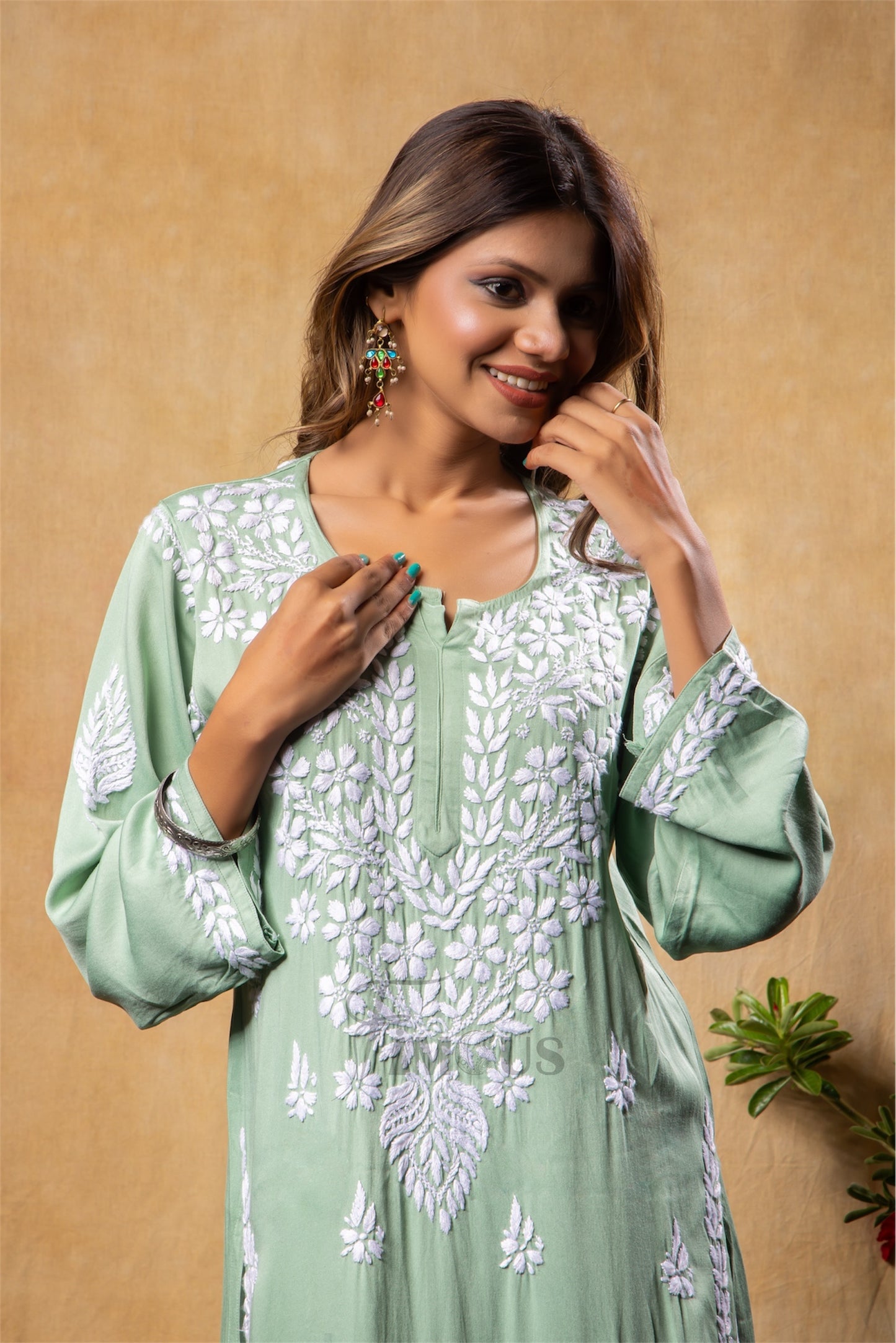 The Amira: Handcrafted Rayon Satin Long Kurti with Chikankari|Light Green