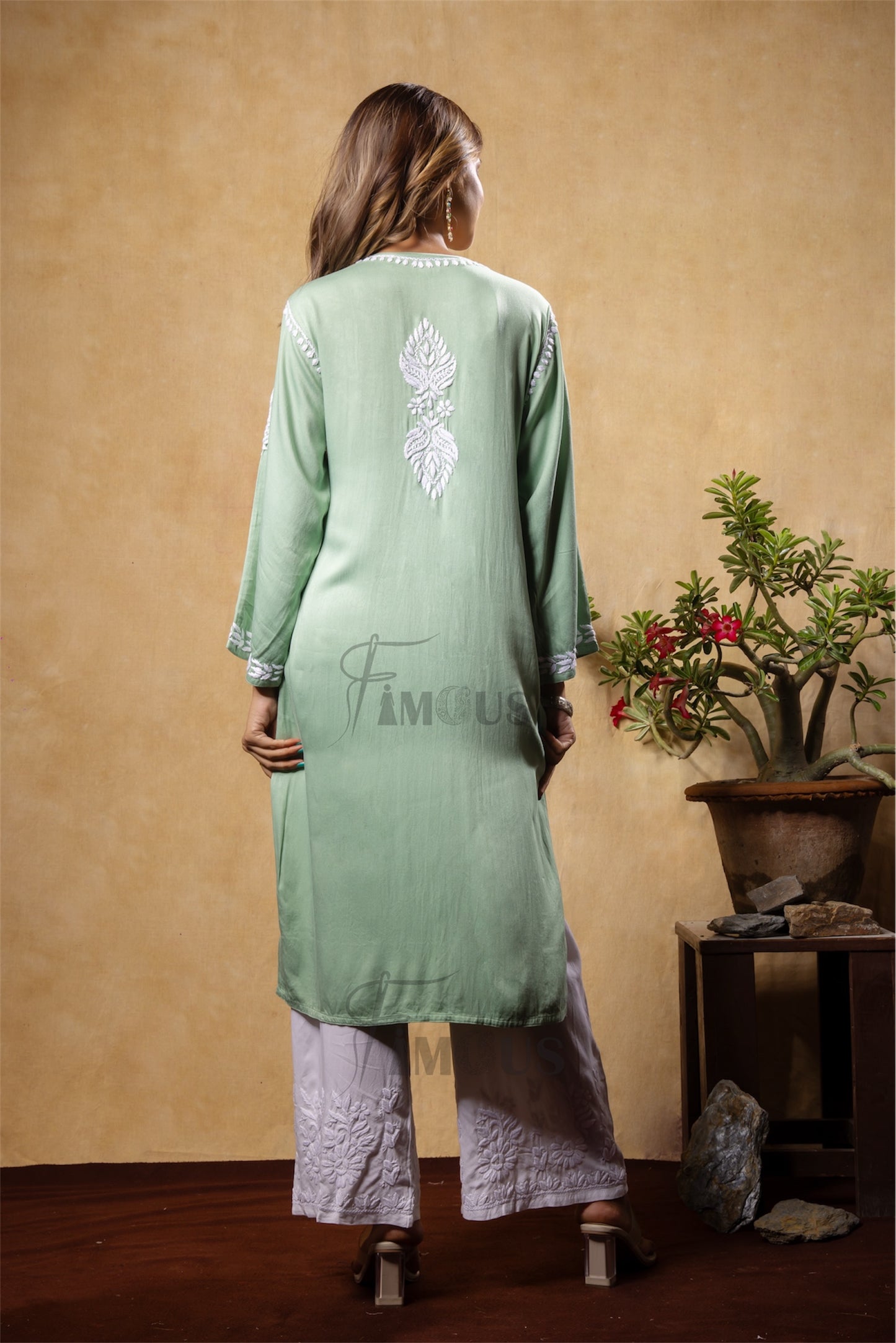 The Amira: Handcrafted Rayon Satin Long Kurti with Chikankari|Light Green