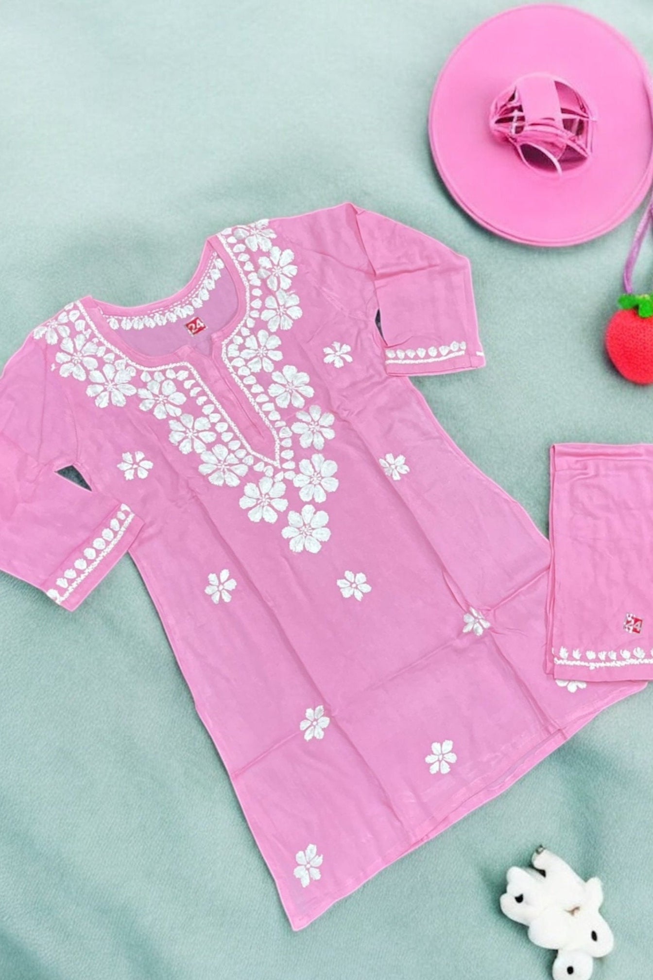 Pink chikankari reyon kidswear dress