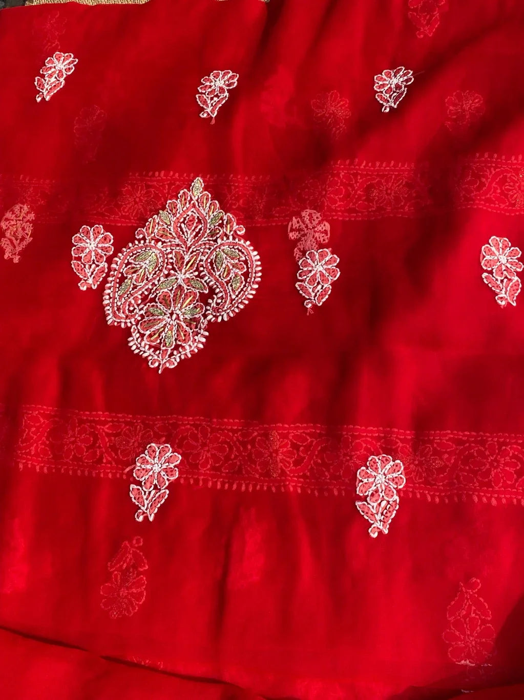Beautiful Red Chikankari Unstiched Dress - Famous Chikankari