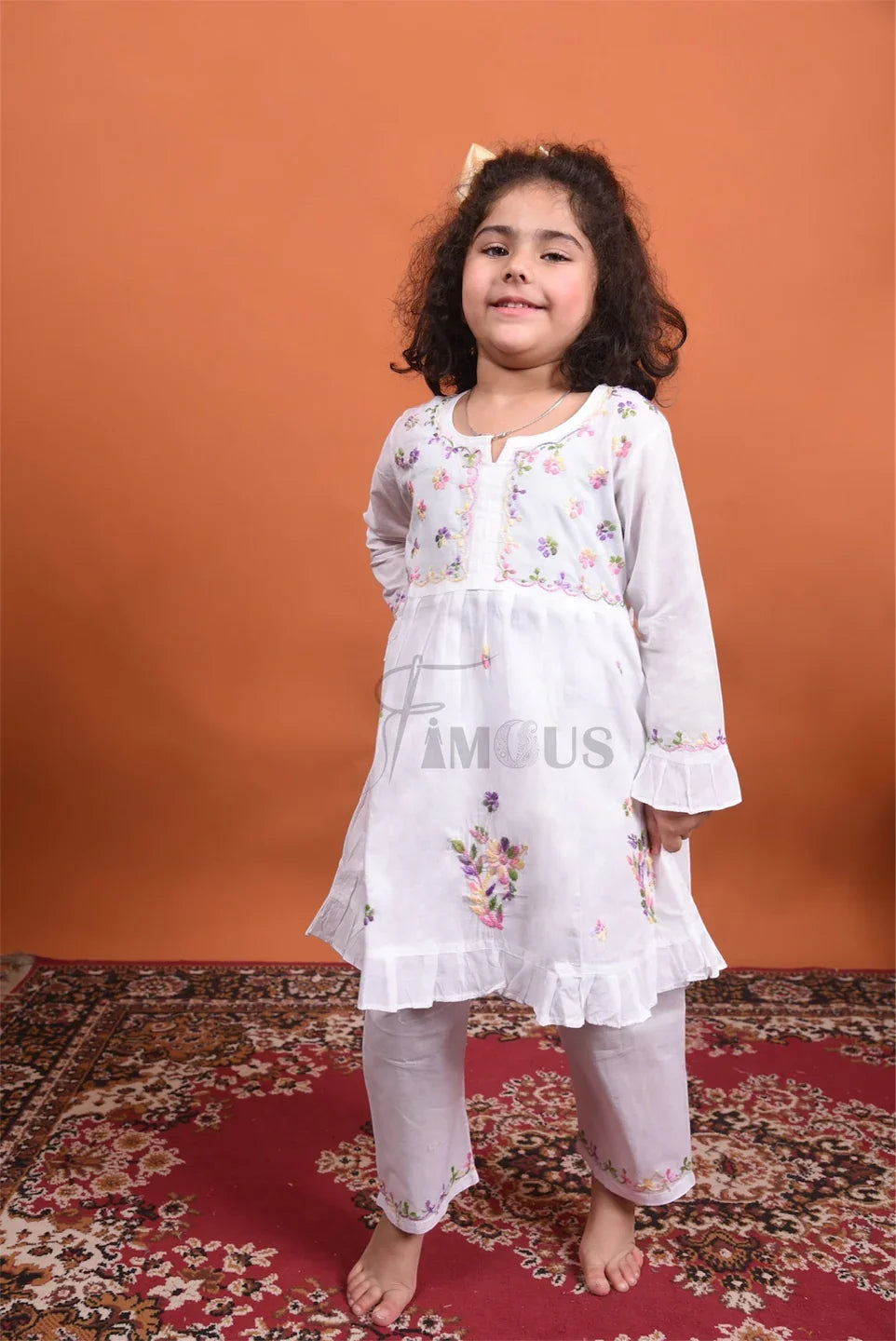 Kids White Chikankari Multy Embroidered Mulmul Sets - Famous Chikankari