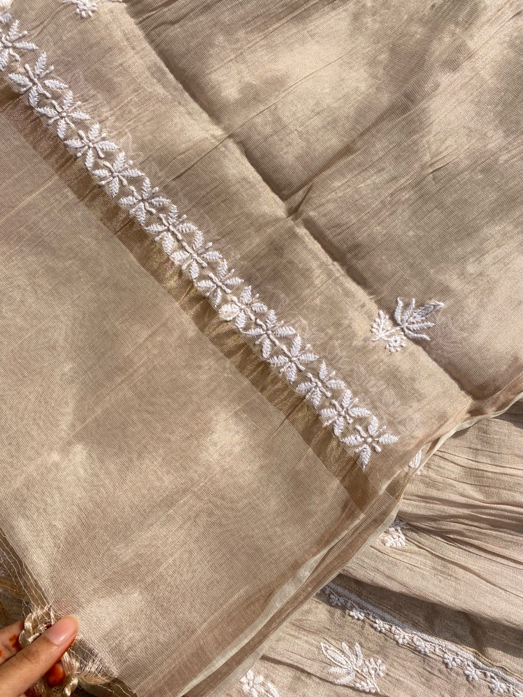 Rose Gold Chikankari Tissue Gown With Dupatta