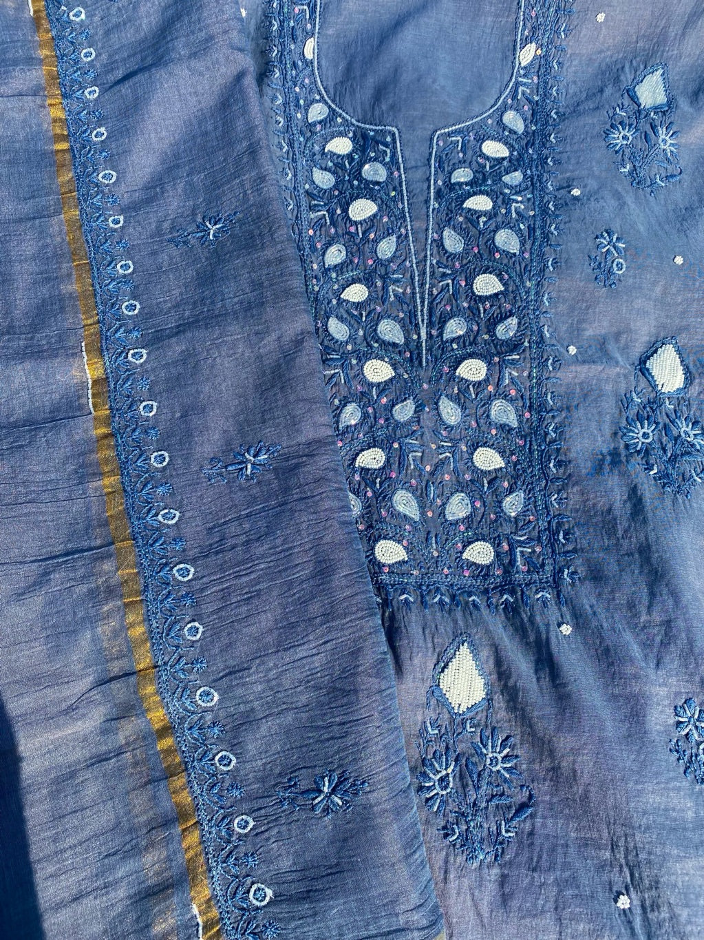 Slate Grey Chikankari Unstitched Kurta Dupatta Set