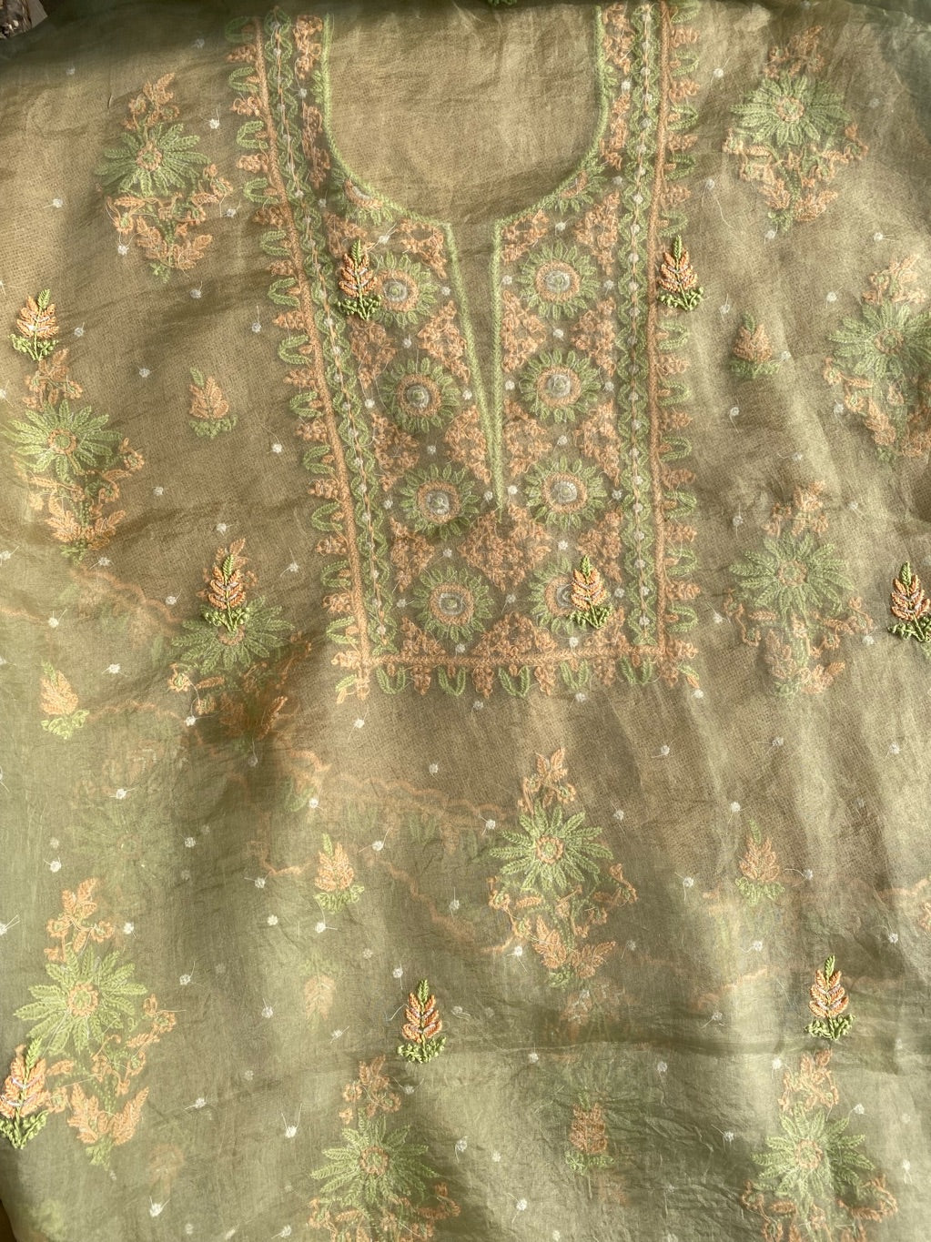 Meher Premium Organza Chikankari Unstiched Dress- Olive Green