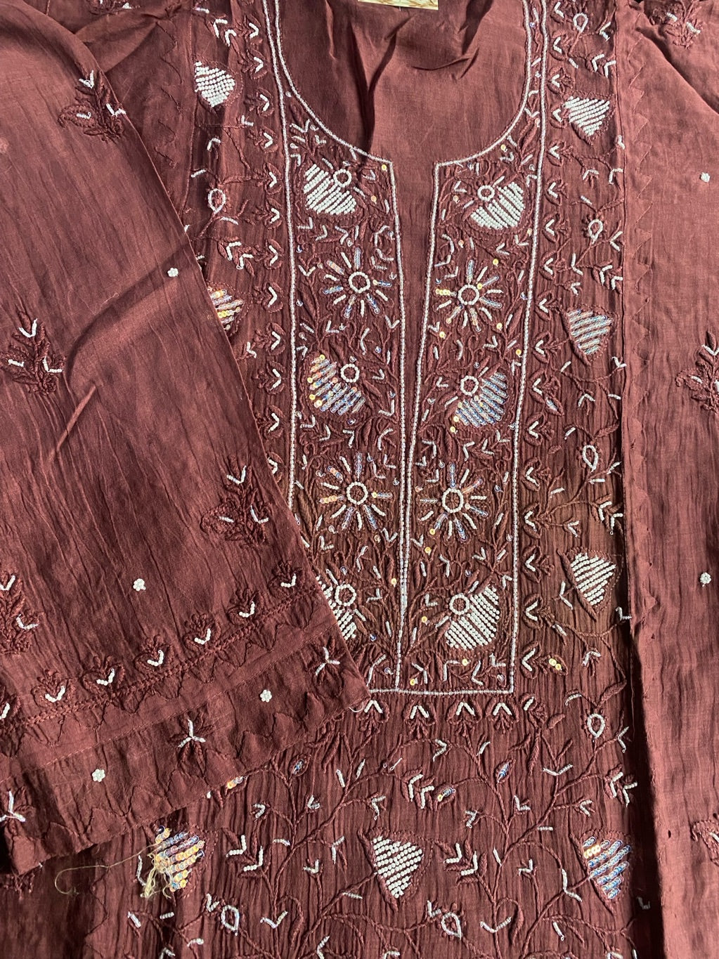 Chocolate Brown Chikankari Semi Stiched Kurta Dupatta Set