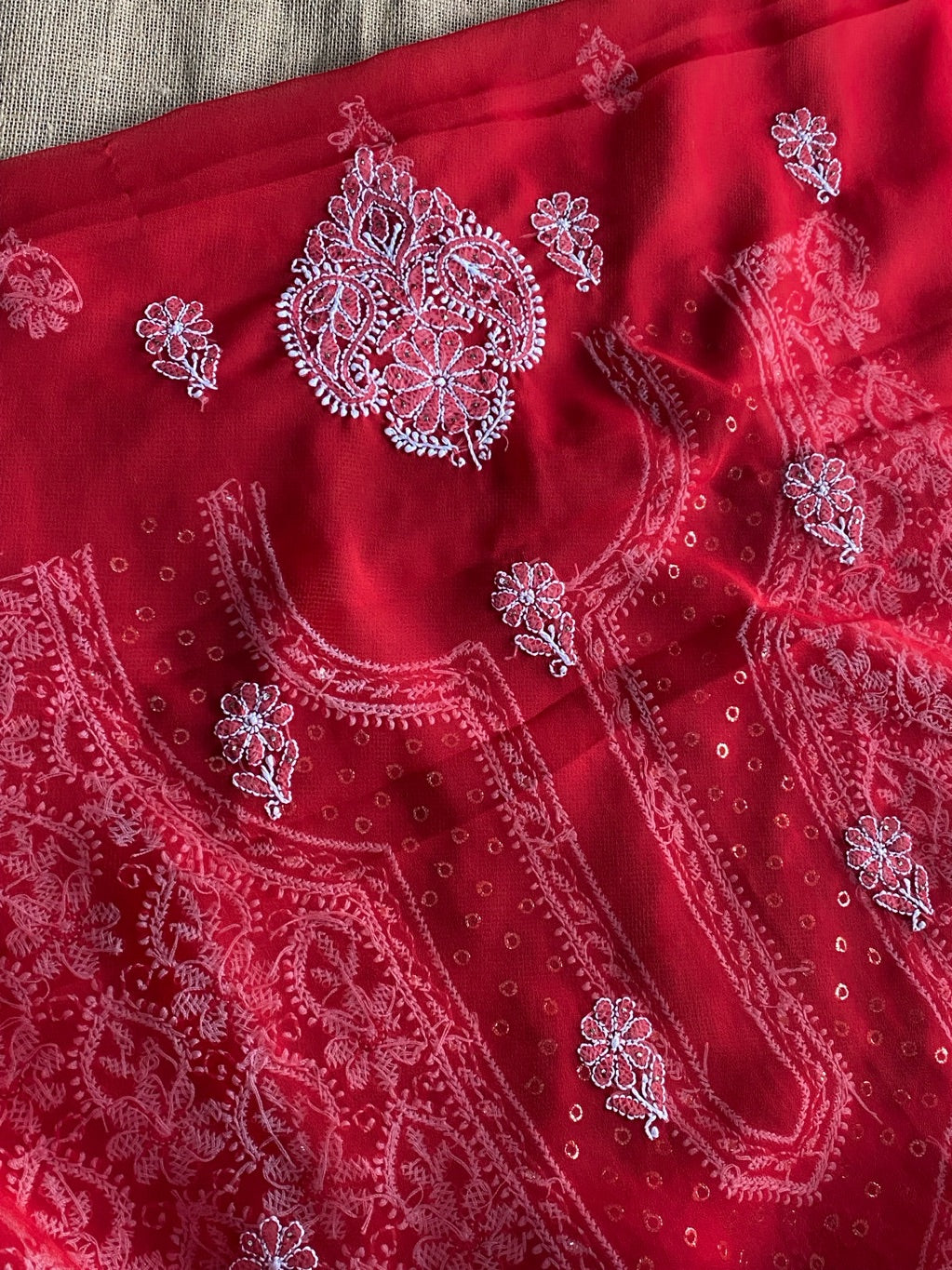 Red Chikankari & Mukaish Unstiched Jaalwork Kurta Unstiched