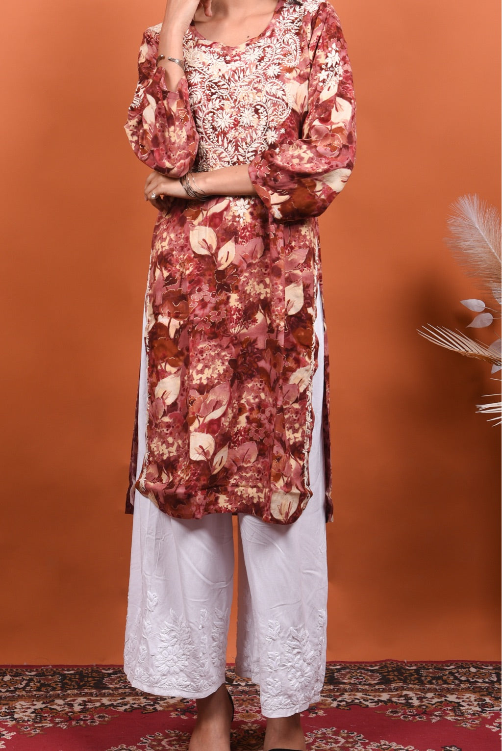 Anaya Chikankari Reyon Goldprint Long Kurti - Famous Chikankari