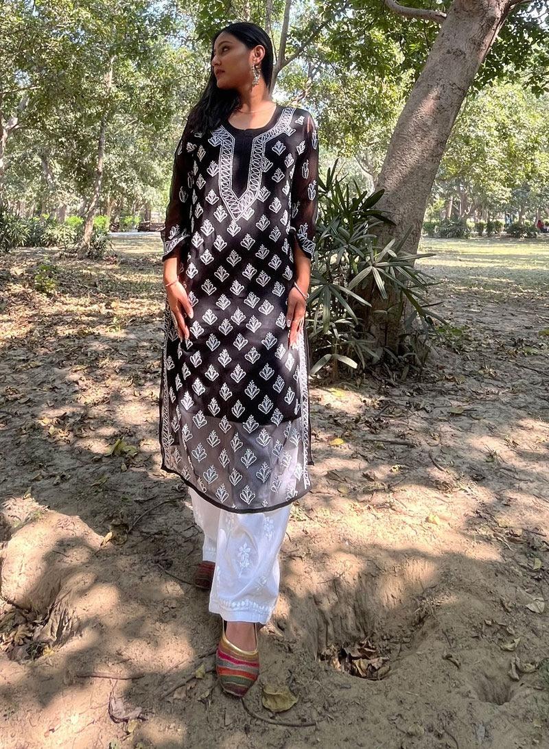 Black Chikankari Buty Jaal Kurti - Famous Chikankari