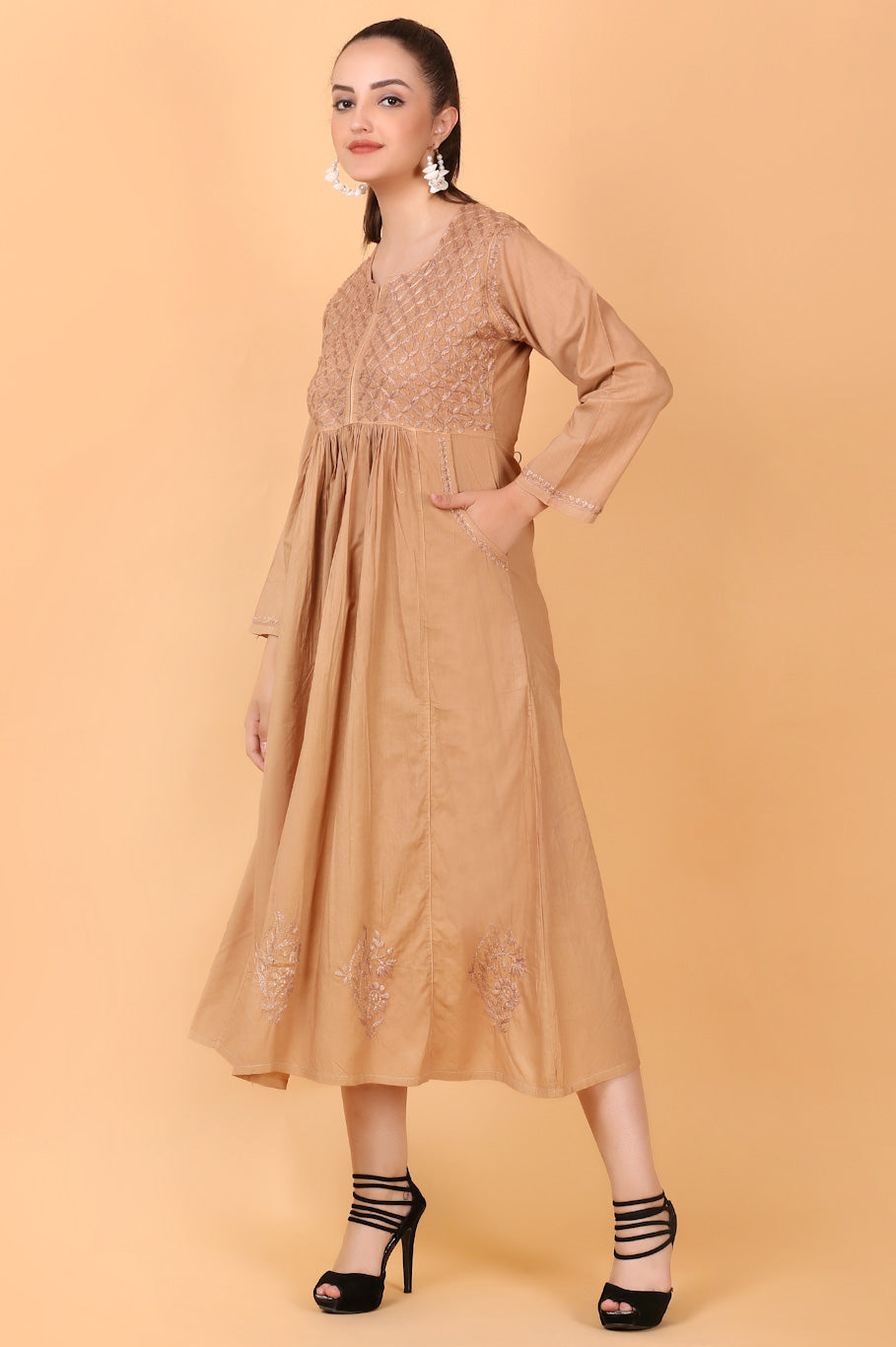 Haniya Chiknkari mulmul pocket style gown(Caramel Brown)