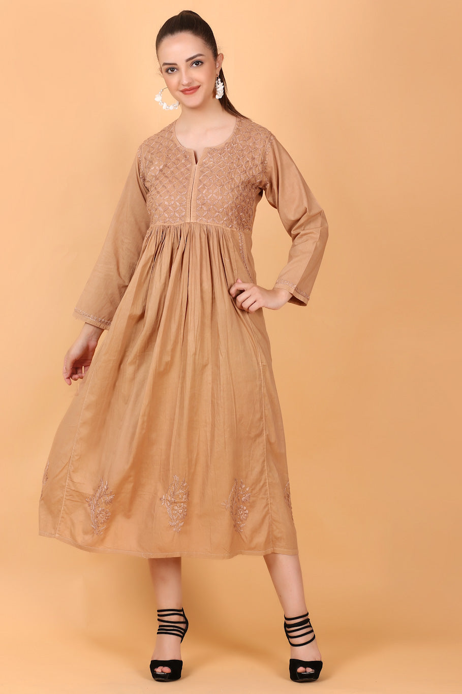 Haniya Chiknkari mulmul pocket style gown(Caramel Brown)