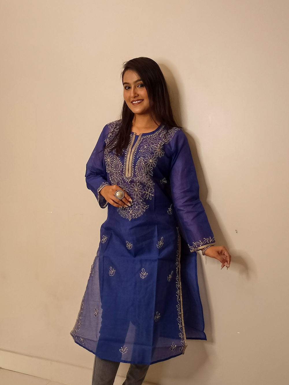 Iqra Chikankari Chanderi Straight Long Kurta