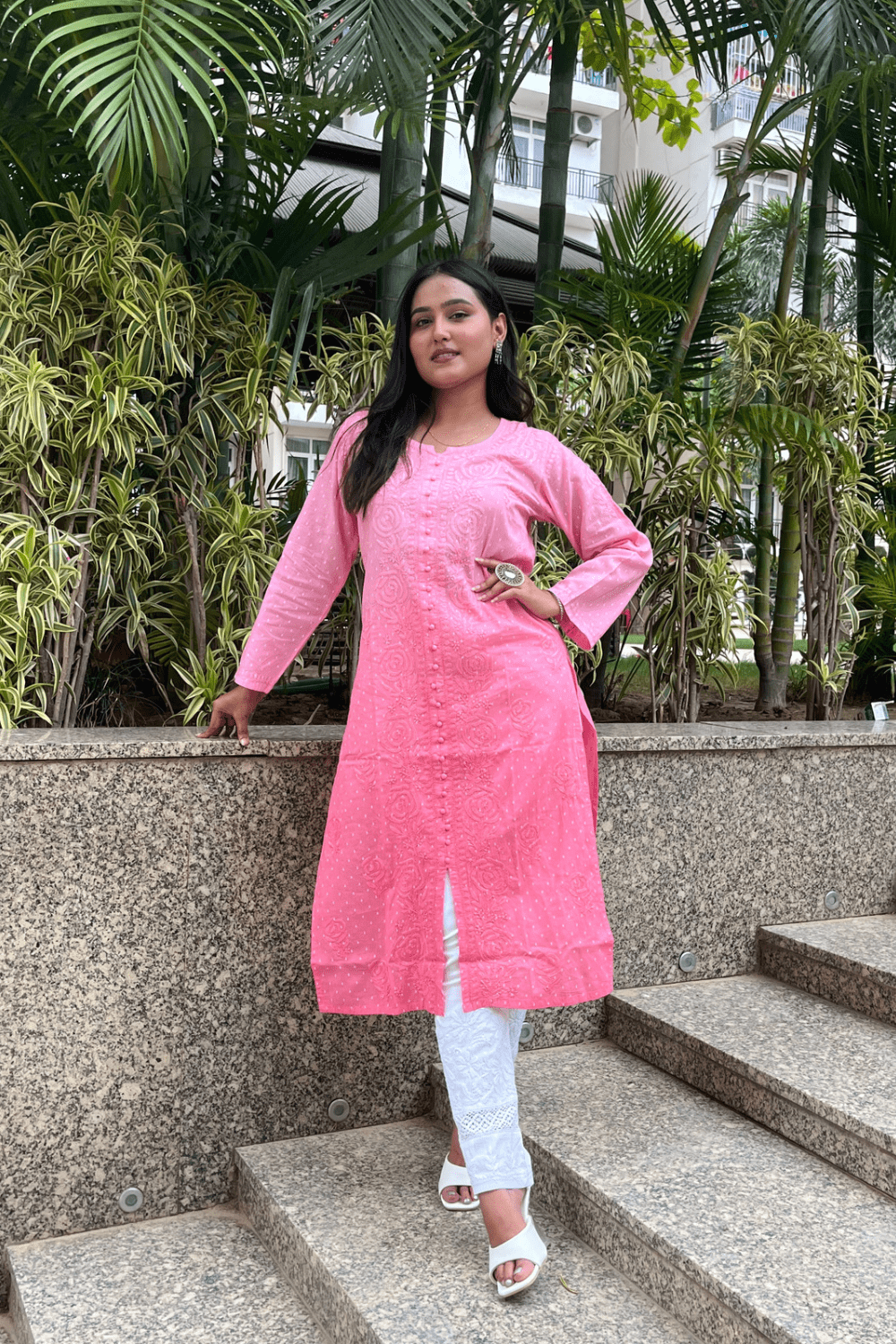 Kashish Peach chikankari straight long kurta