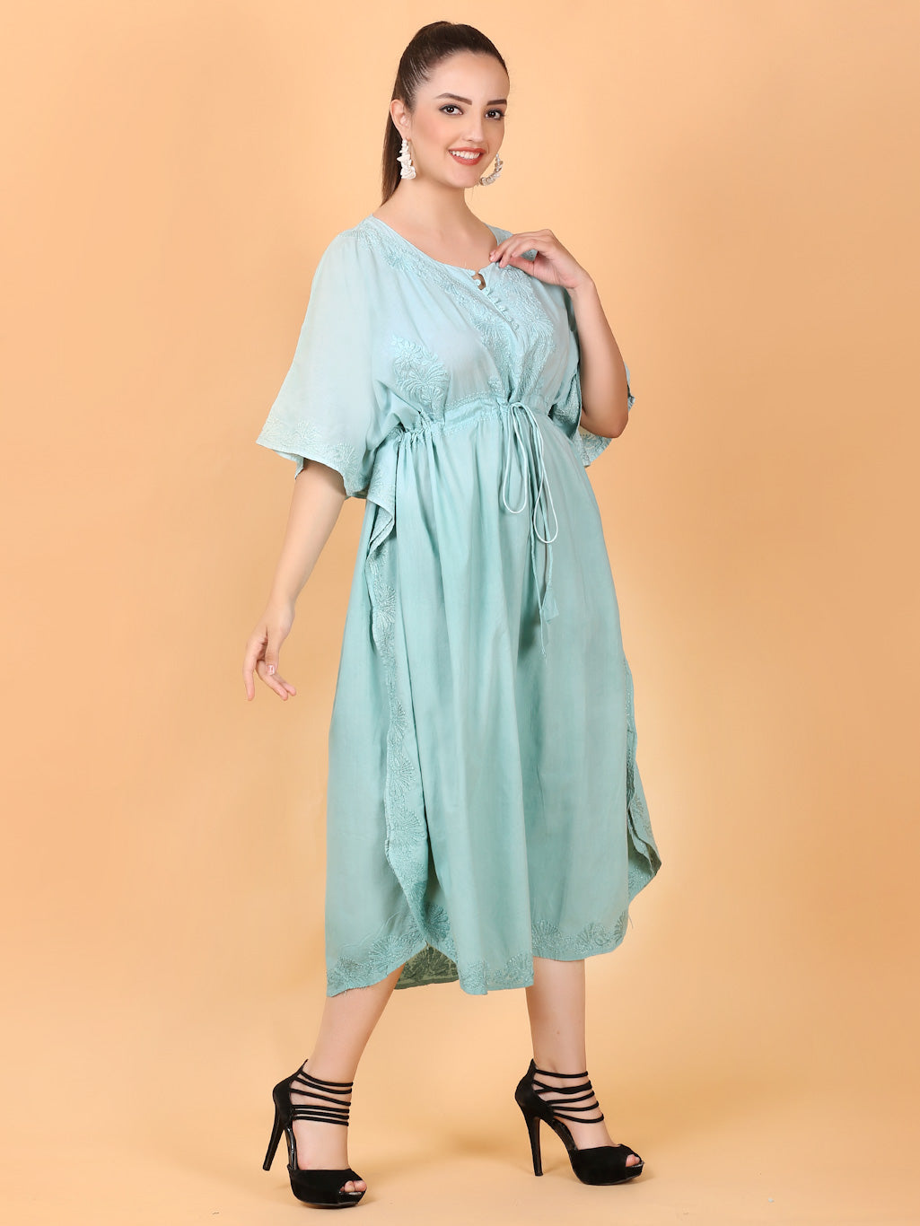 Products Aahista Soft Mulmul Chikankari Kaftan(Aqua Pearl)