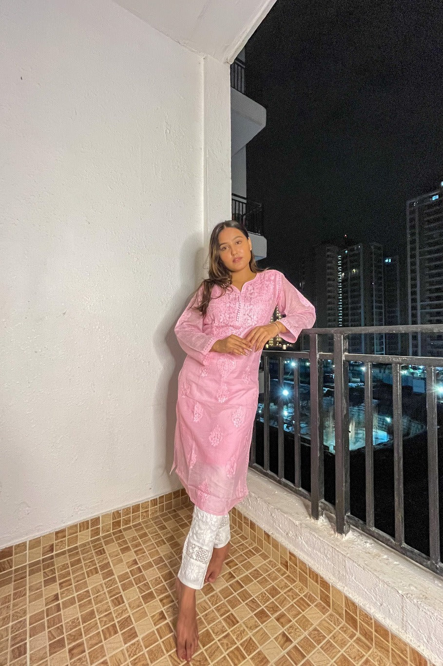 Peach Chikankari Long Kurti In Kota Cotton