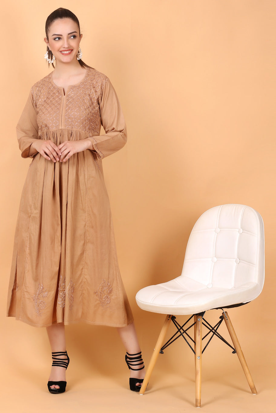 Haniya Chiknkari mulmul pocket style gown(Caramel Brown)