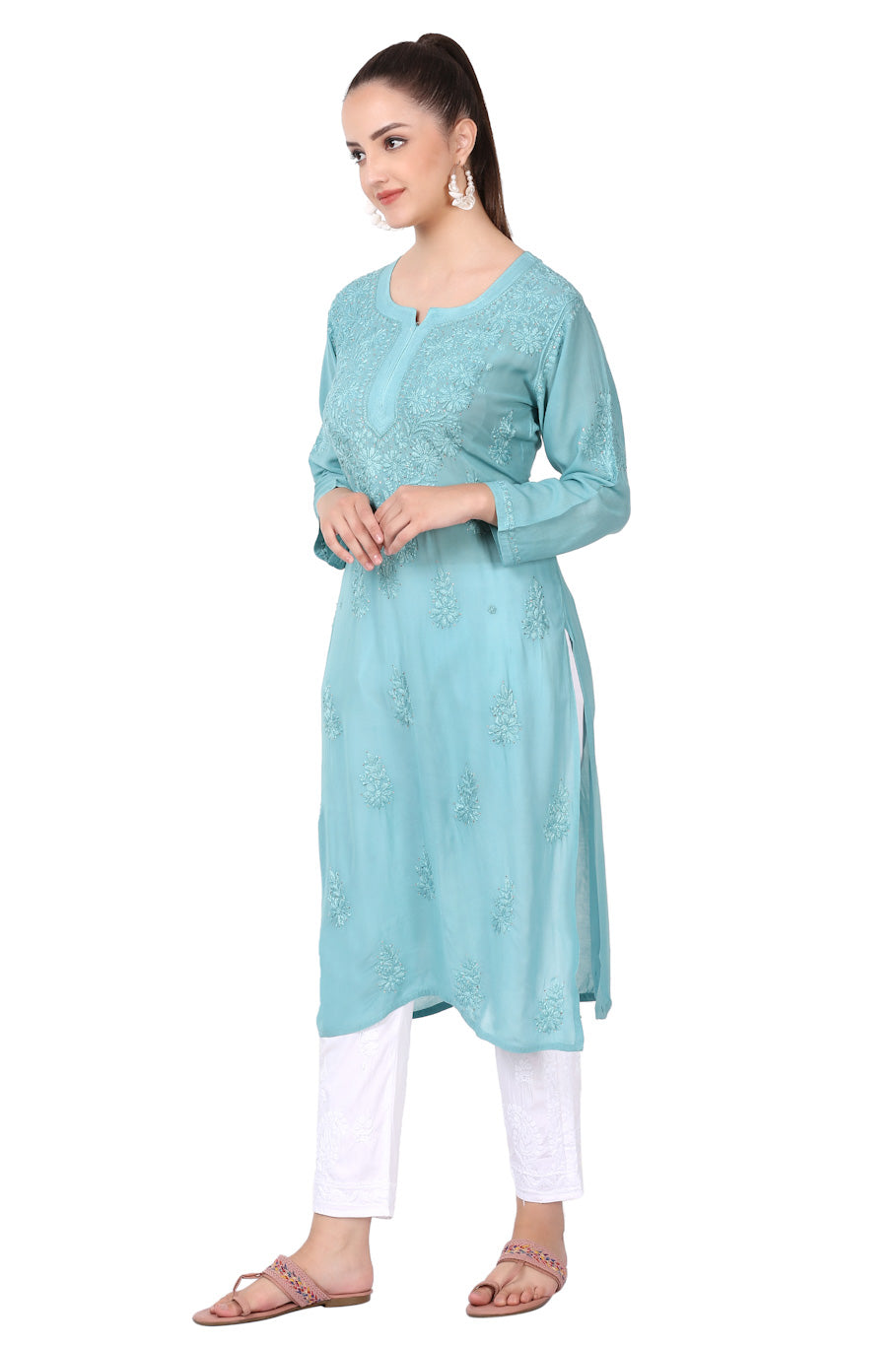 Farah Chikankari Mukaish Straight Kurta(Aqua Pearl)
