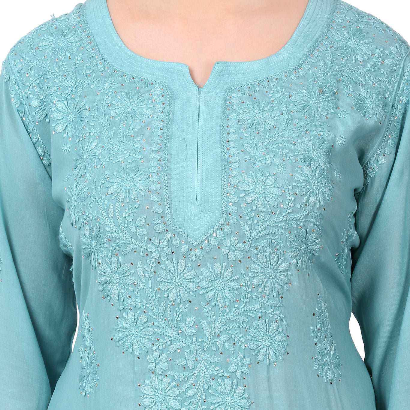 Farah Chikankari Mukaish Straight Kurta(Aqua Pearl)