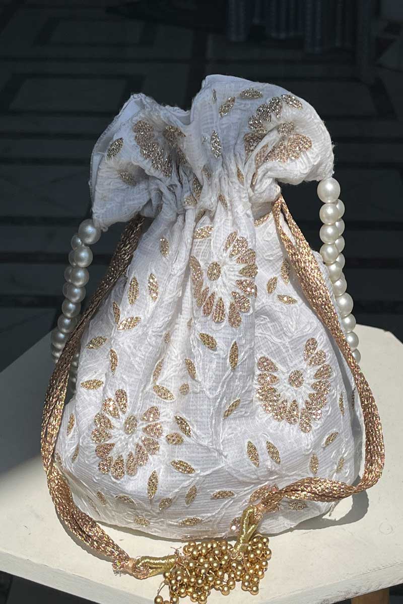 White Kota Chikankari Potli
