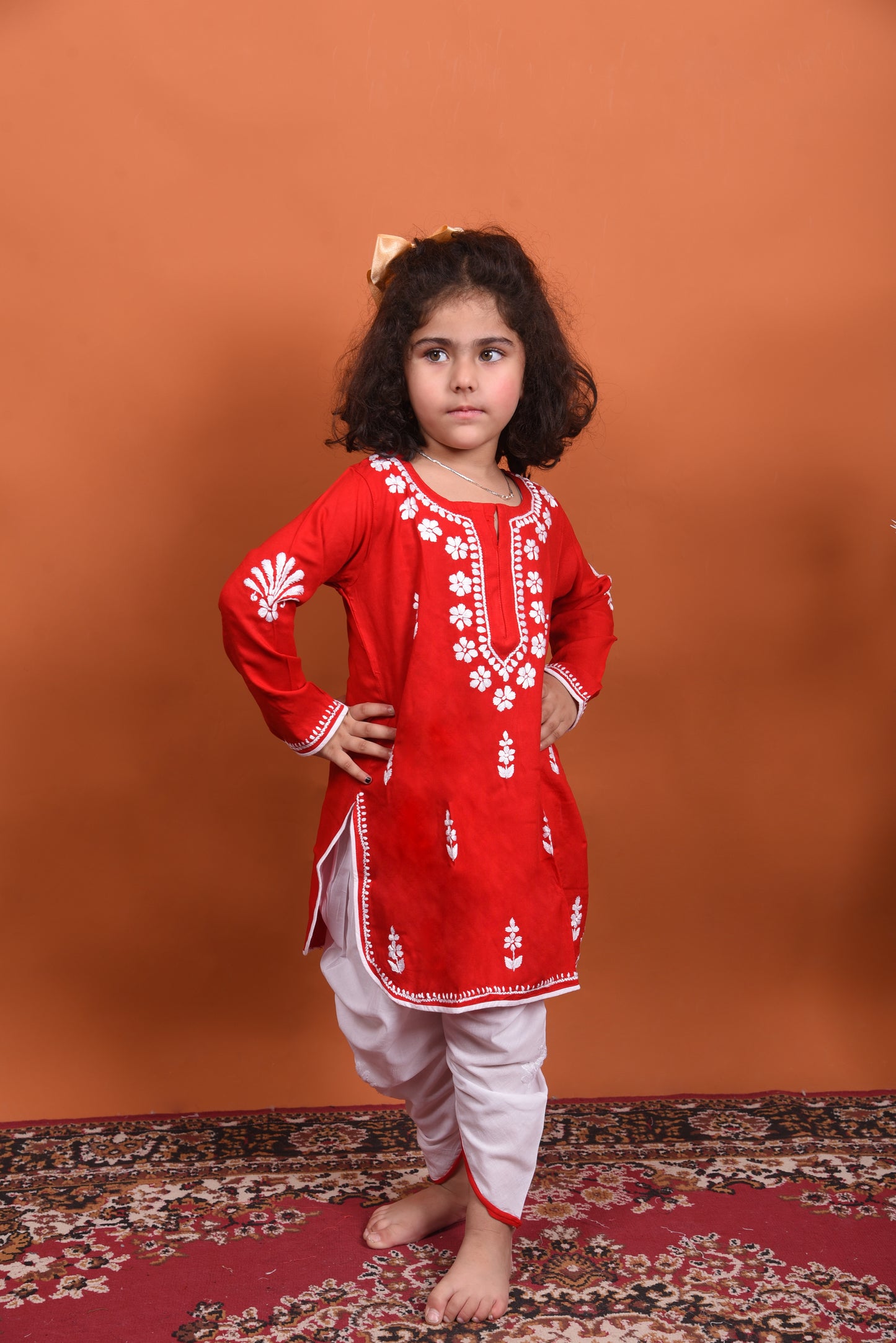 Lil' Princess Red Chikankari Dhoti-Kurta Set