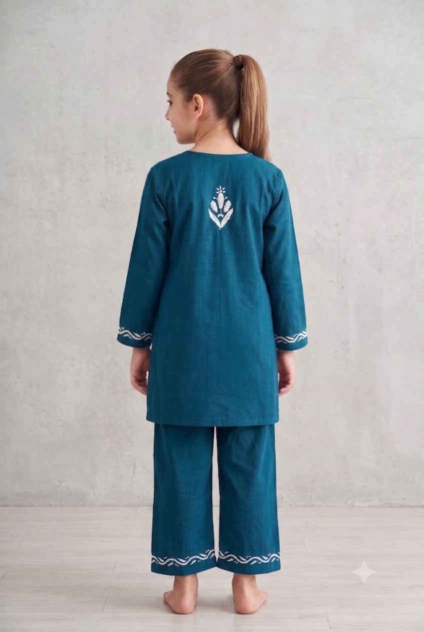 Little Jasmin - Navy Blue Chikankari Side Pleated Kidswear Set