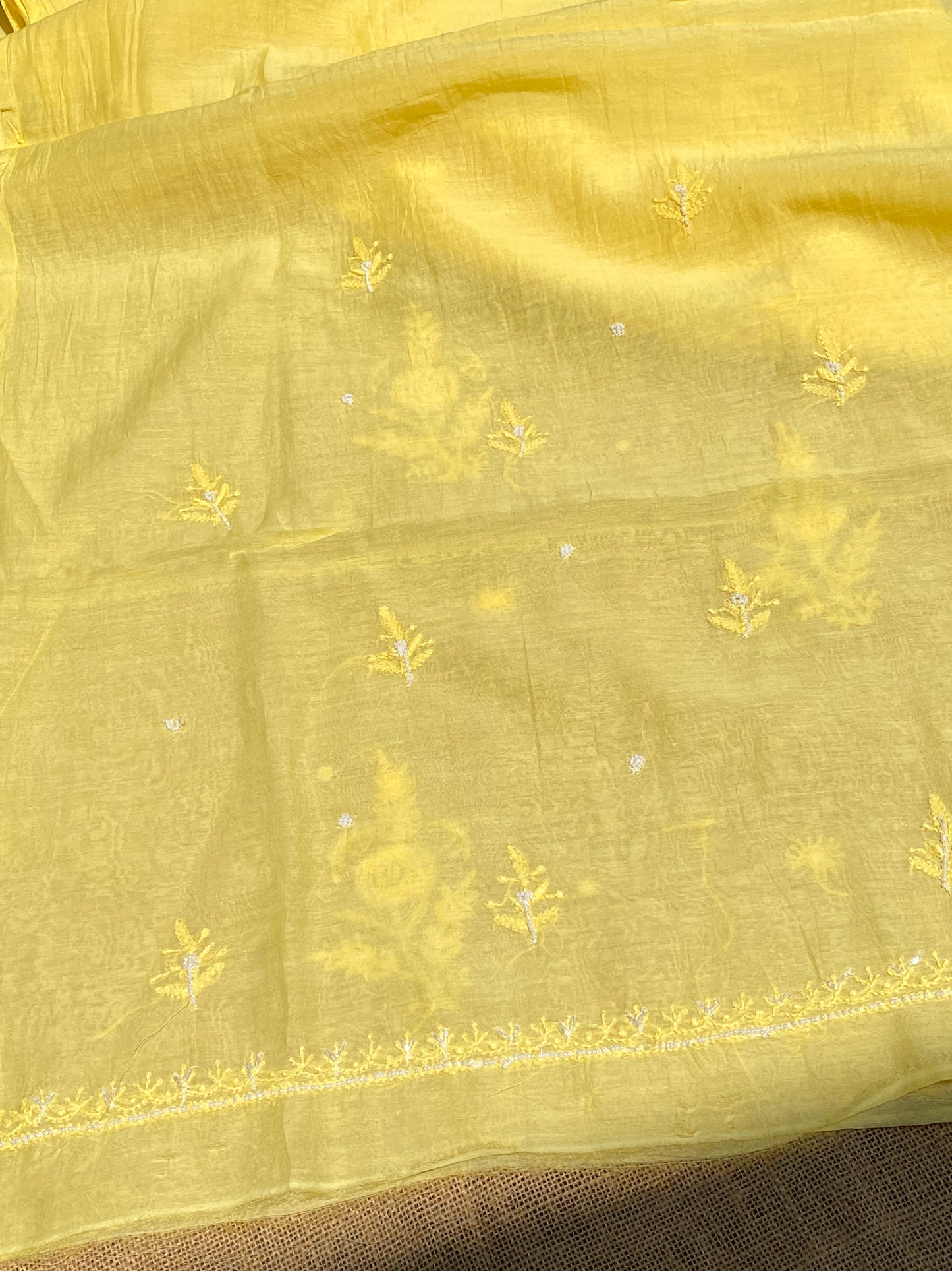 Yellow Mul Chanderi Chikankari Unstitched Dress
