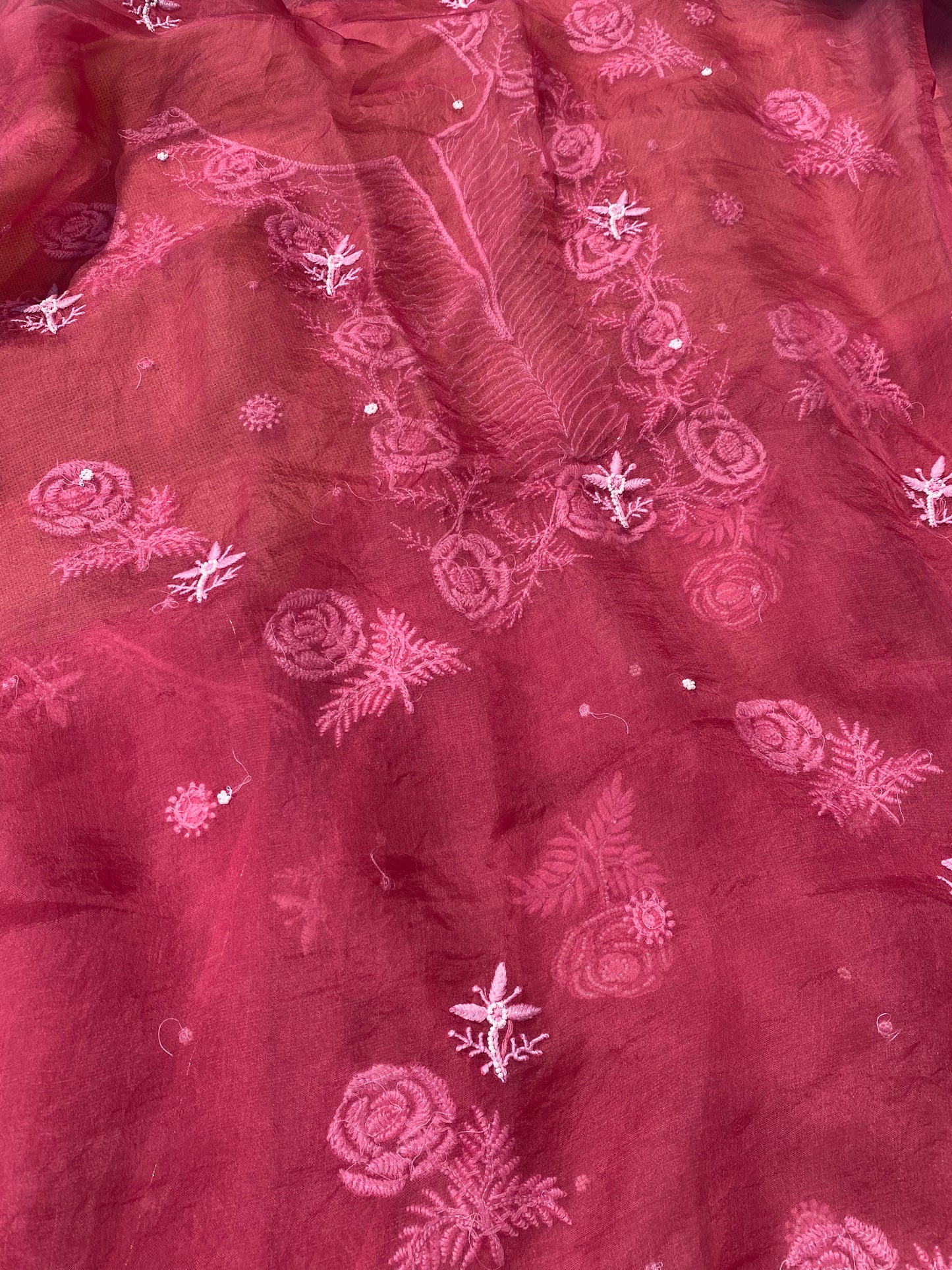 Meher Premium Organza Chikankari Unstiched Dress- Carrot Pink