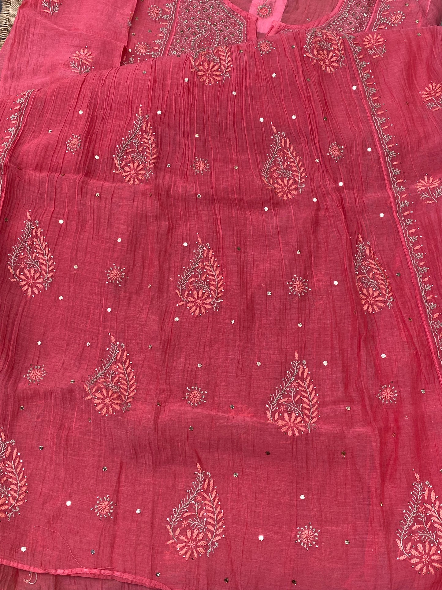 Zaraish Chikankari Semi-Stitched Mul Chanderi Gown With Dupatta-Carrot