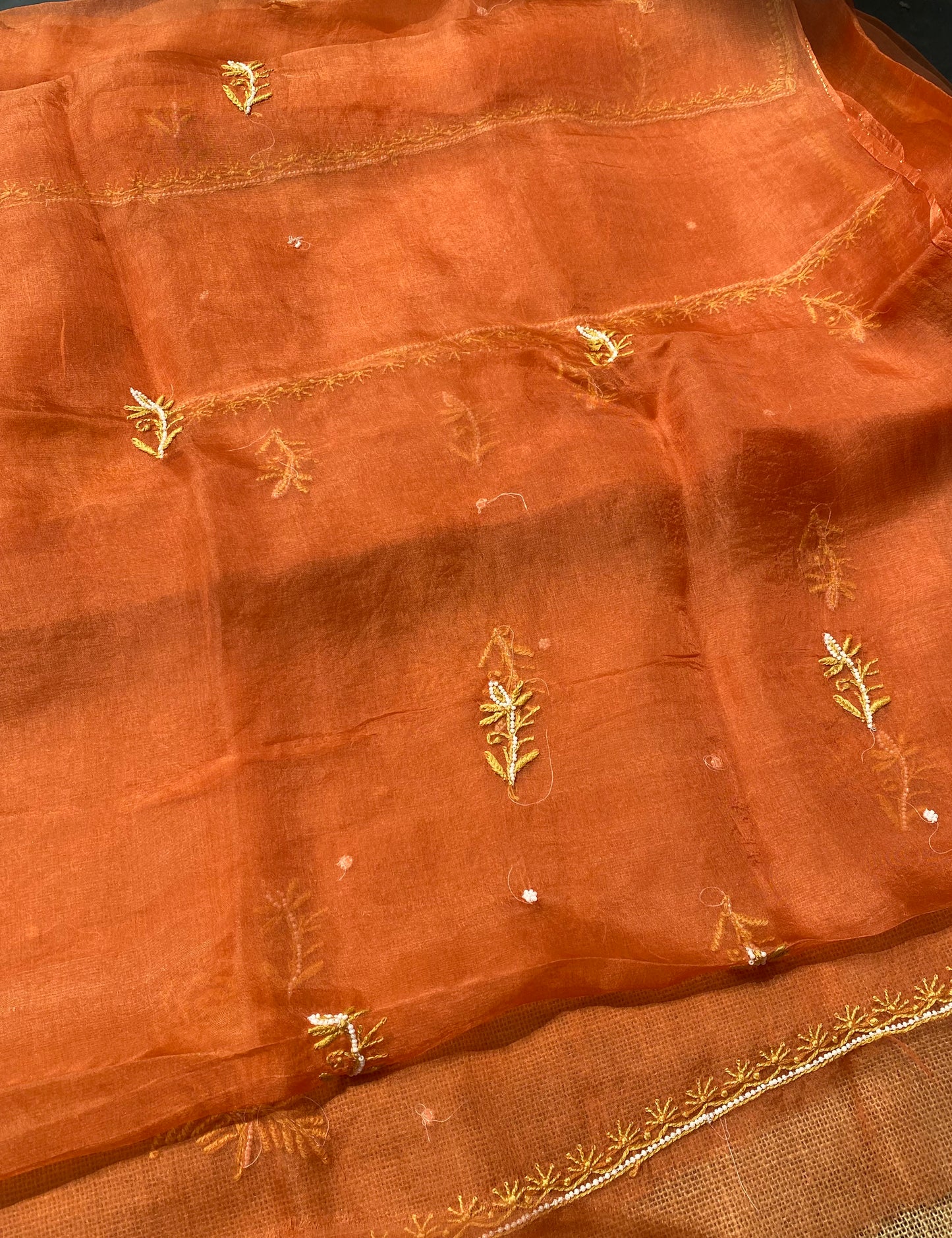 Meher Premium Organza Chikankari Unstiched Dress- Mustard