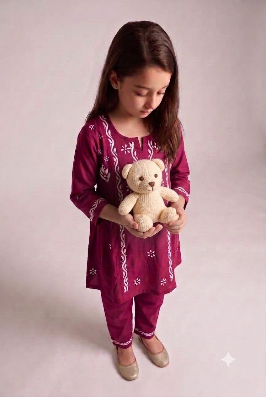Little Jasmin - Magenta Chikankari Side Pleated Kidswear Set