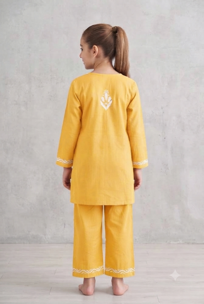 Little Jasmin - Yellow Chikankari Side Pleated Kidswear Set