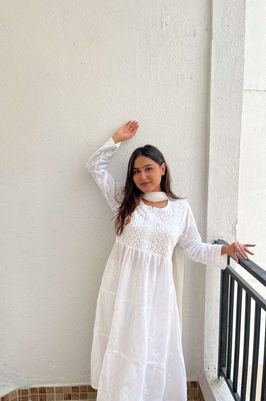 Aafiya Chikankari White Mulmul Three Layer Frock