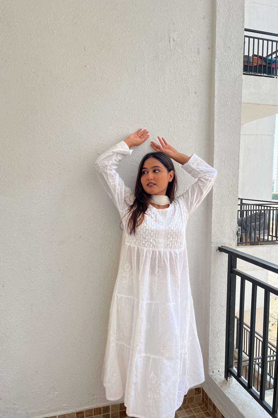 Aafiya Chikankari White Mulmul Three Layer Frock