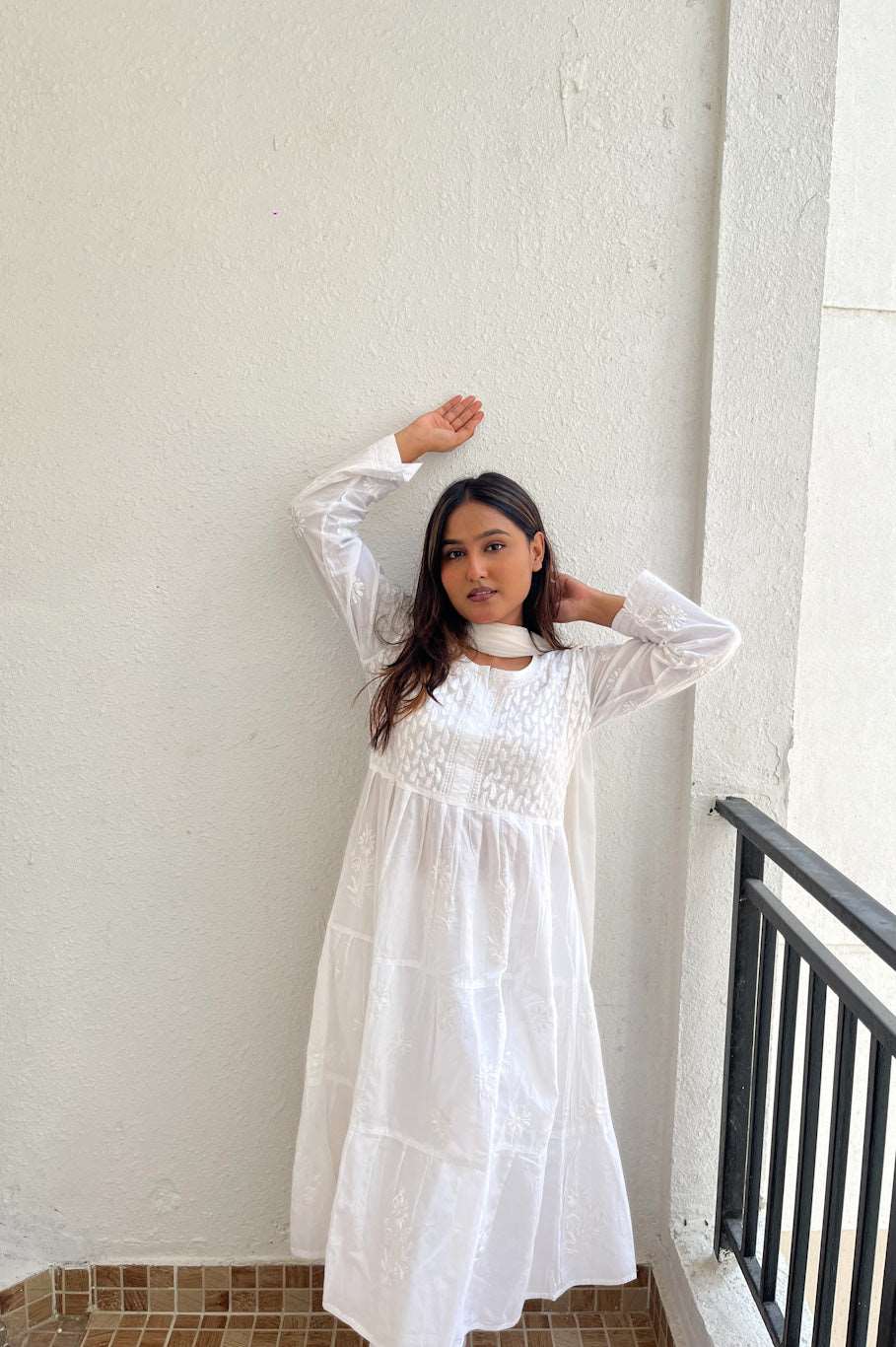 Aafiya Chikankari White Mulmul Three Layer Frock
