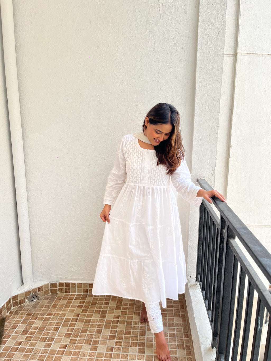 Aafiya Chikankari White Mulmul Three Layer Frock