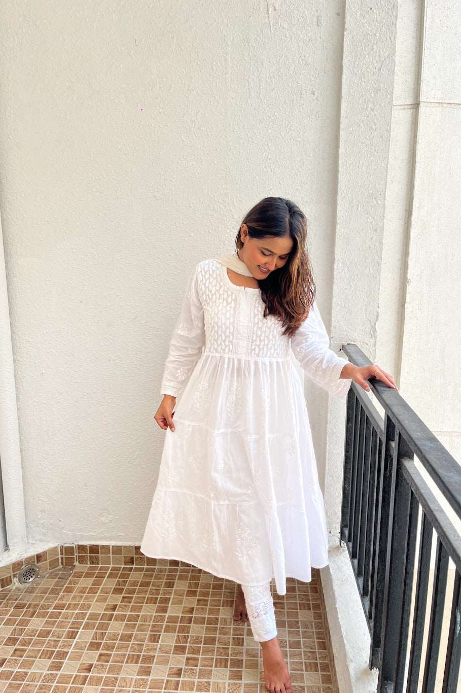 Aafiya Chikankari White Mulmul Three Layer Frock