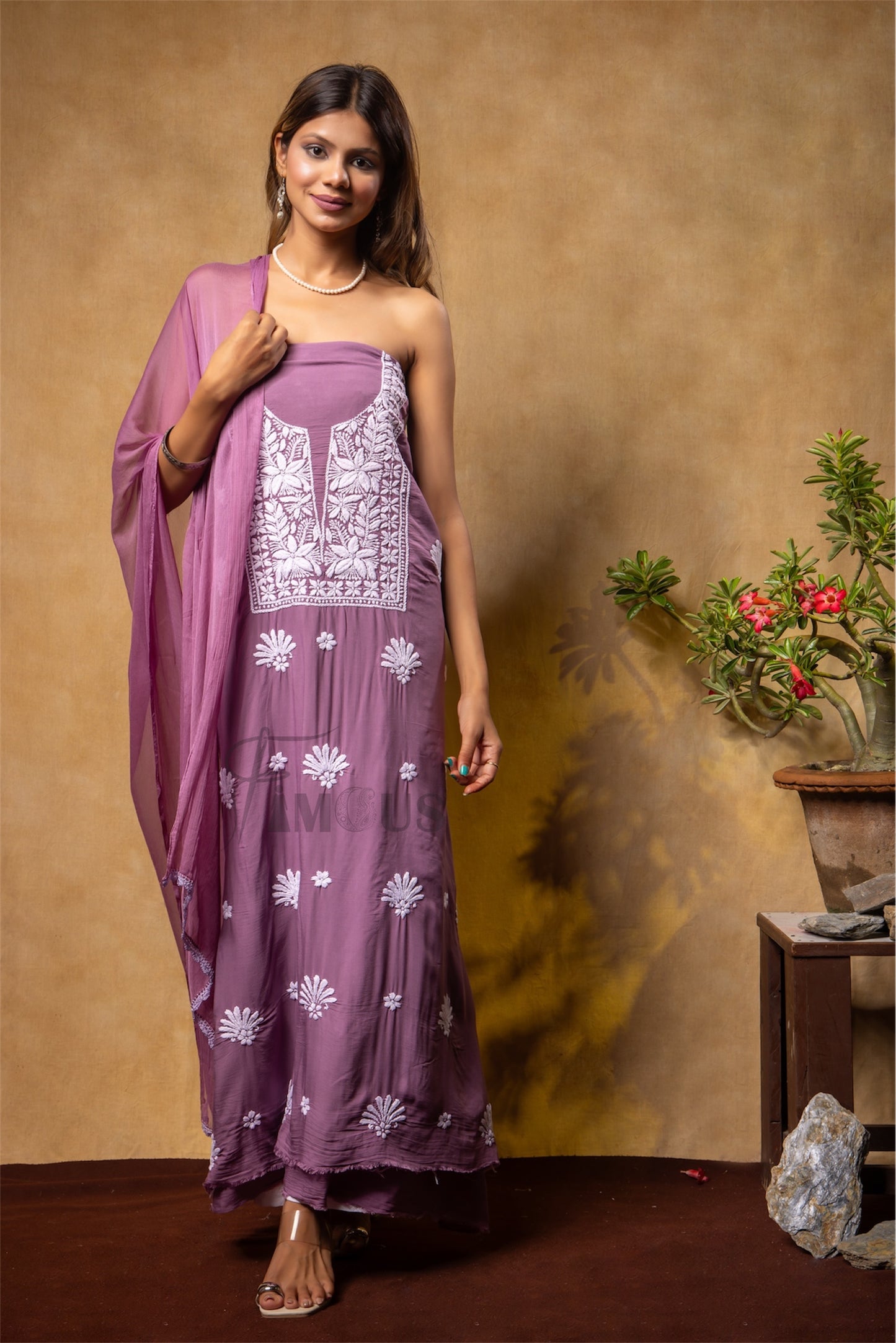Mariam Modal Chikankari Unstitched Suit|Wine