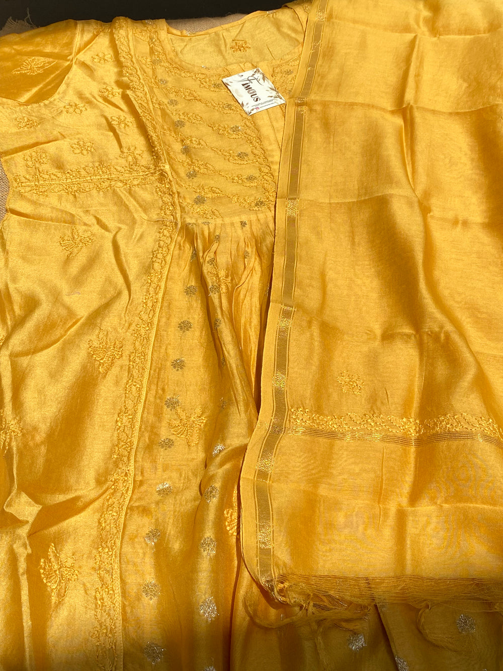 Sunehri – Mul Chanderi Mustard Handcrafted Chikankari Gown Set - Famous Chikankari