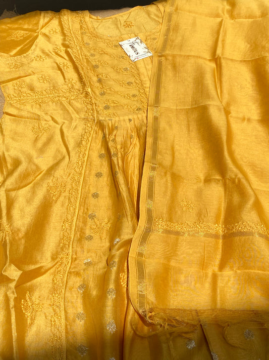 Sunehri – Mul Chanderi Mustard Handcrafted Chikankari Gown Set