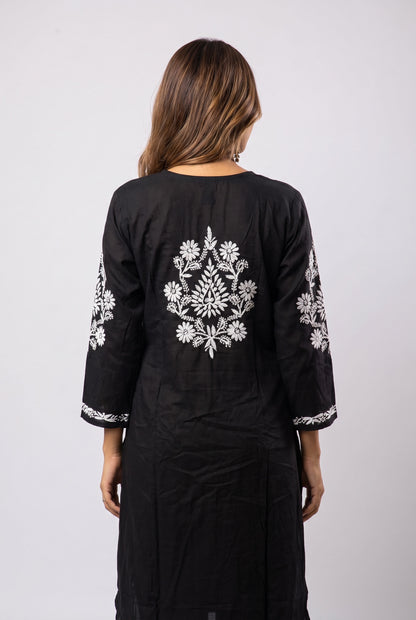 Nargis Chikankari White Embroidered Long Kurta - Black - Famous Chikankari