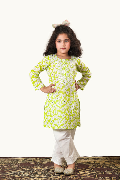 Little Noor – Lime green Mulmul Chikankari Kidswear Set - Famous Chikankari