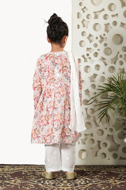 Fiza Angarkha Mul Print Kids Chikankari Set - Peach - Famous Chikankari