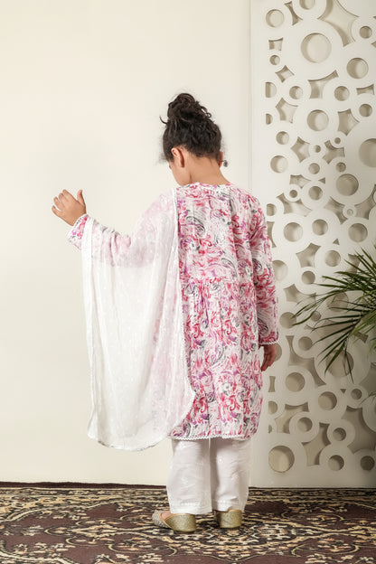 Fiza Angarkha Mul Print Kids Chikankari Set - Pink - Famous Chikankari